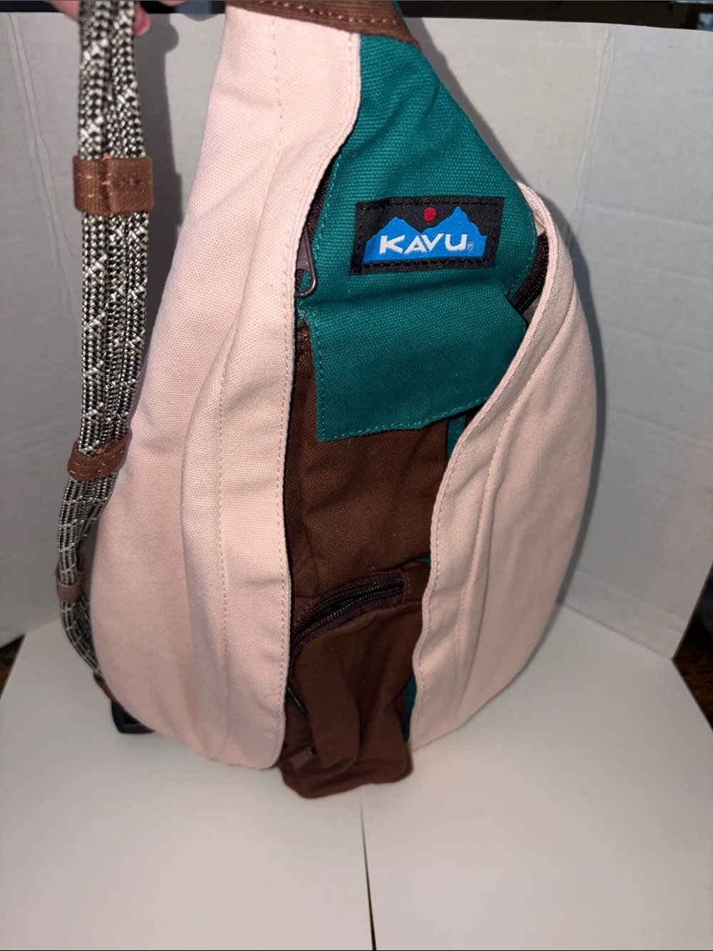 Kavu Pink and Teal Sling Backpack with Brown Trim